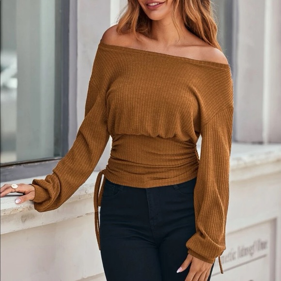 SHEIN Off Shoulder Drawstring Side Ribbed Long Sleeve Top S - Picture 6 of 7